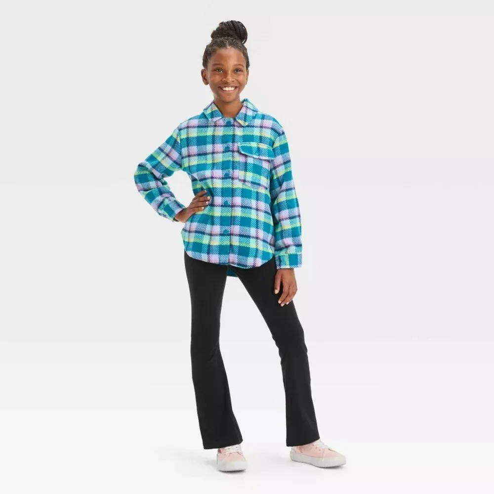 Cat & Jack - Girls' Plaid Button-Front Long Sleeve Shacket - Teal Blue Plaid